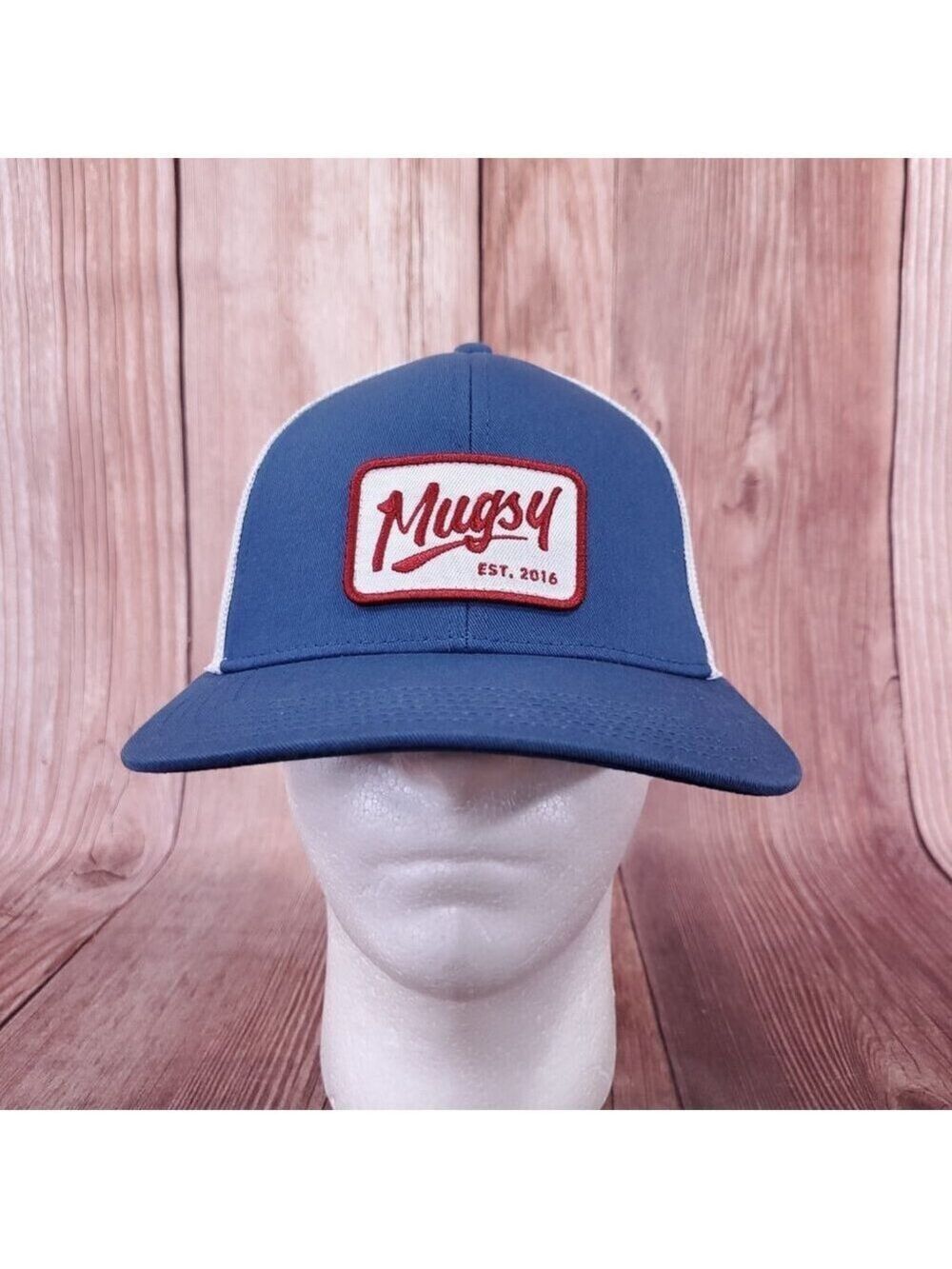 Mugsy Jeans Trucker Snapback Hat Cap Blue White Red Mesh Patch Workwear